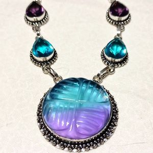 Bi-tourmeline amethyst topaz handmade silver necklace vintage purple blue gems